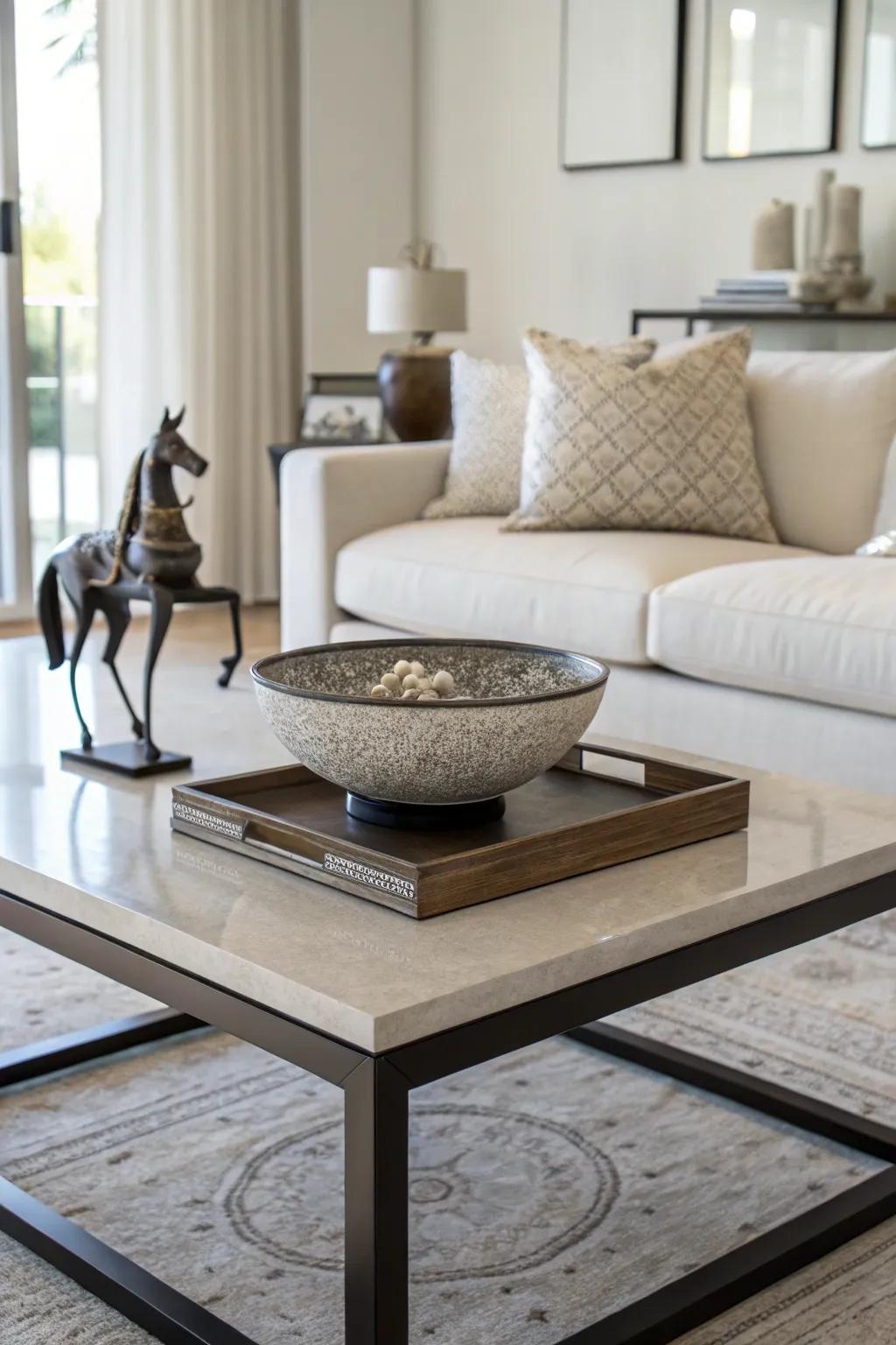 Your coffee table gains personality and intrigue from decorative accents.