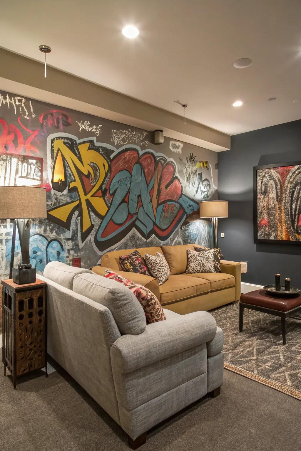 A lounge featuring a vibrant graffiti emphasized wall as a focal point.