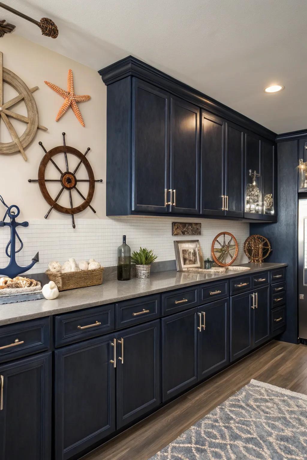 A kitchen showcasing dark cabinets with deep blue accents for a sophisticated maritime theme.
