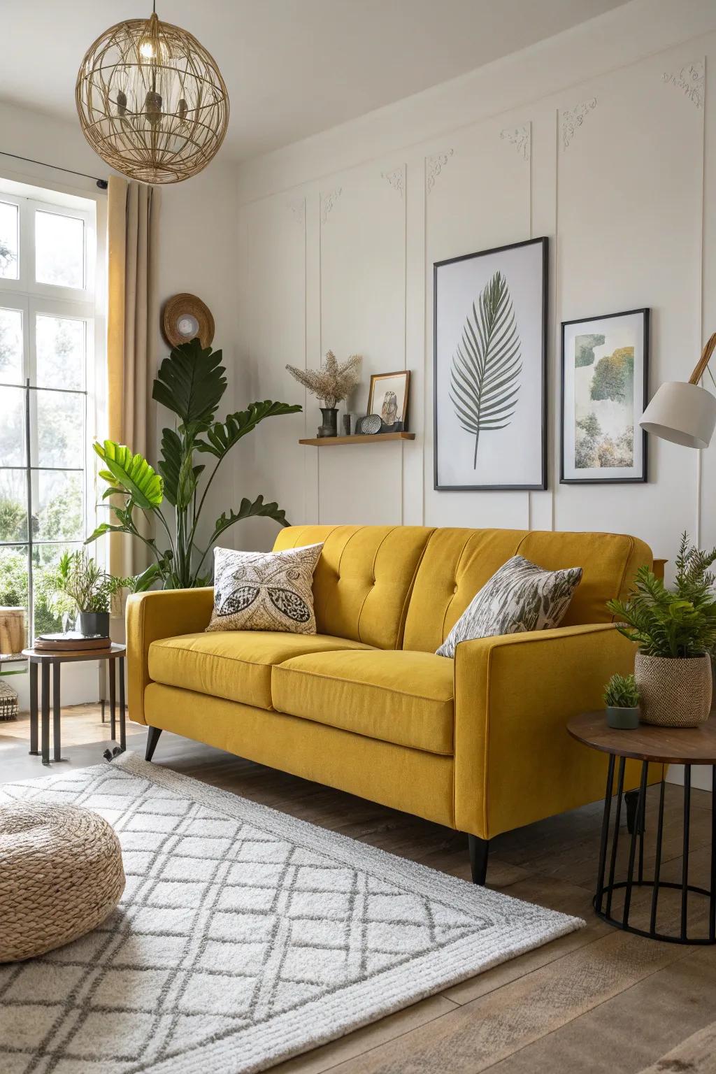 A saffron couch acts as a bold centerpiece in this vibrant living room.