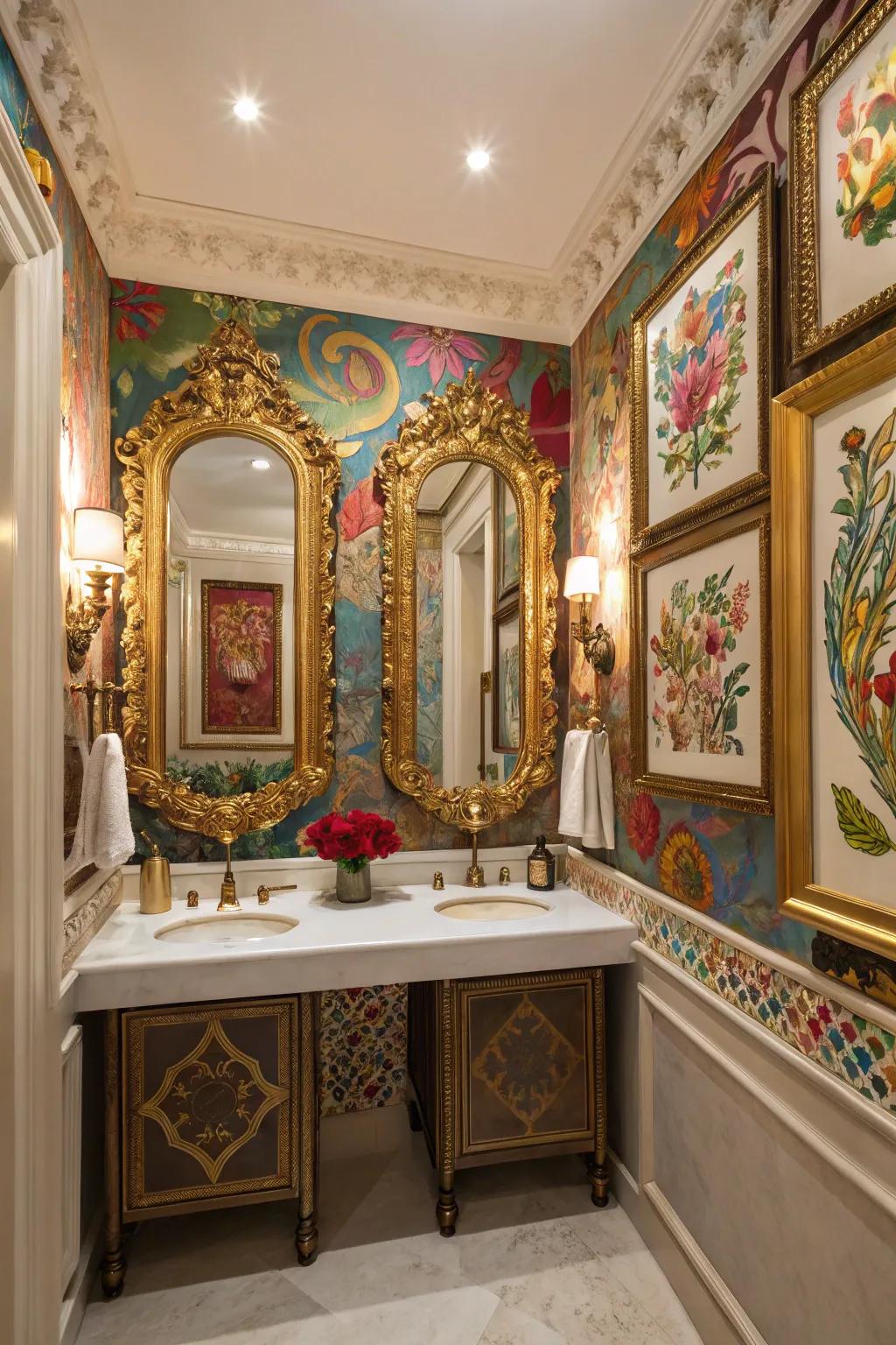 Elaborate mirrors and colorful artwork add elegance to this guest bathroom.