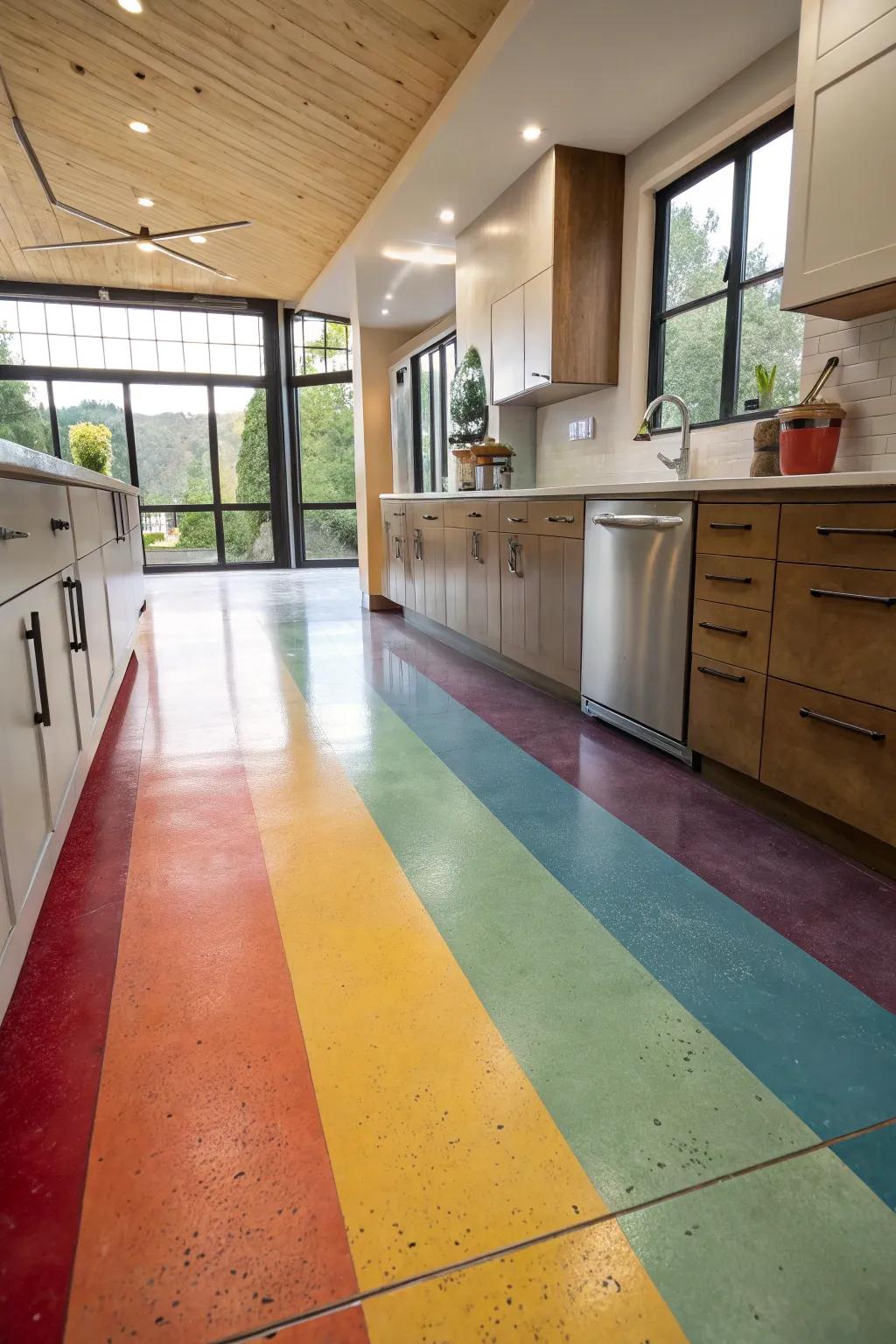 Vibrant stained concrete flooring adding character to a modern kitchen.