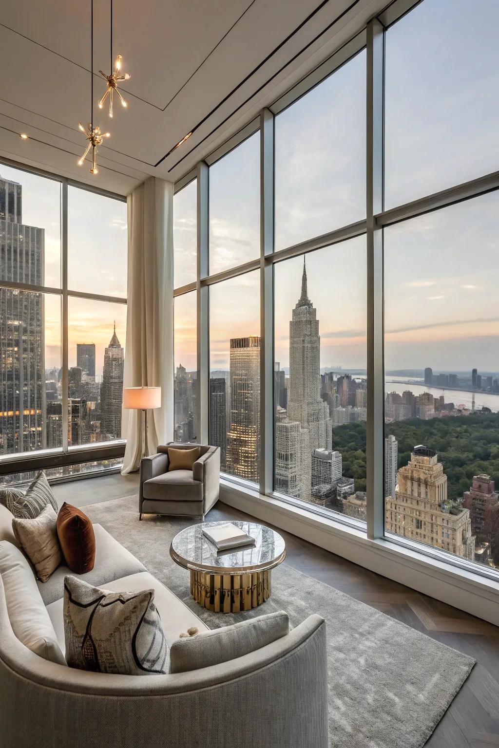 A luxurious condo with a seating area overlooking the city skyline through expansive windows.