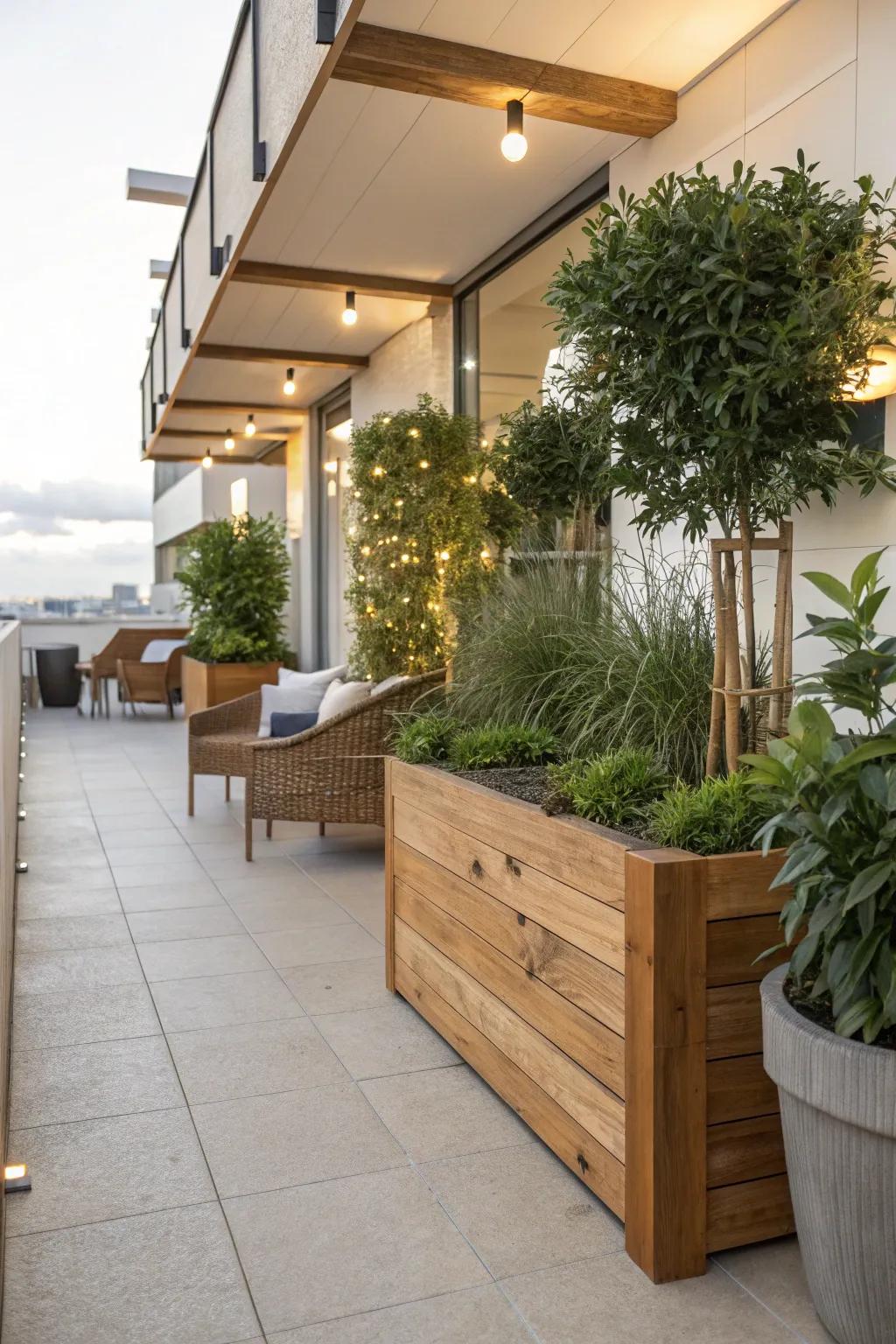 Natural elements such as foliage and timber bring about a balanced patio setting.