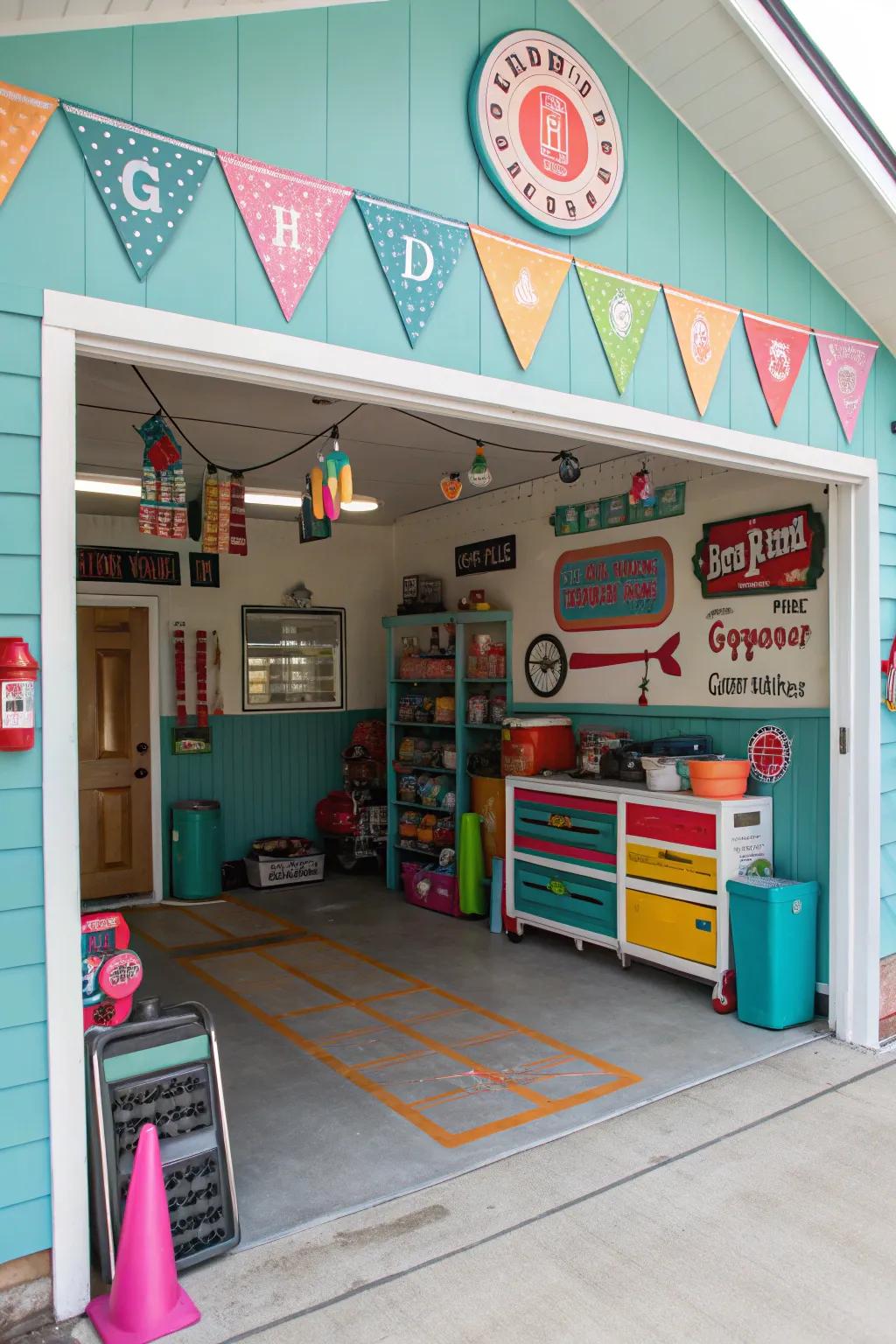 A garage featuring tailored enhancements and themed signage.