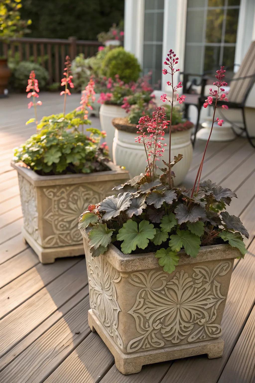 Melody chimes in containers introduce dynamic hues to a patio arrangement.