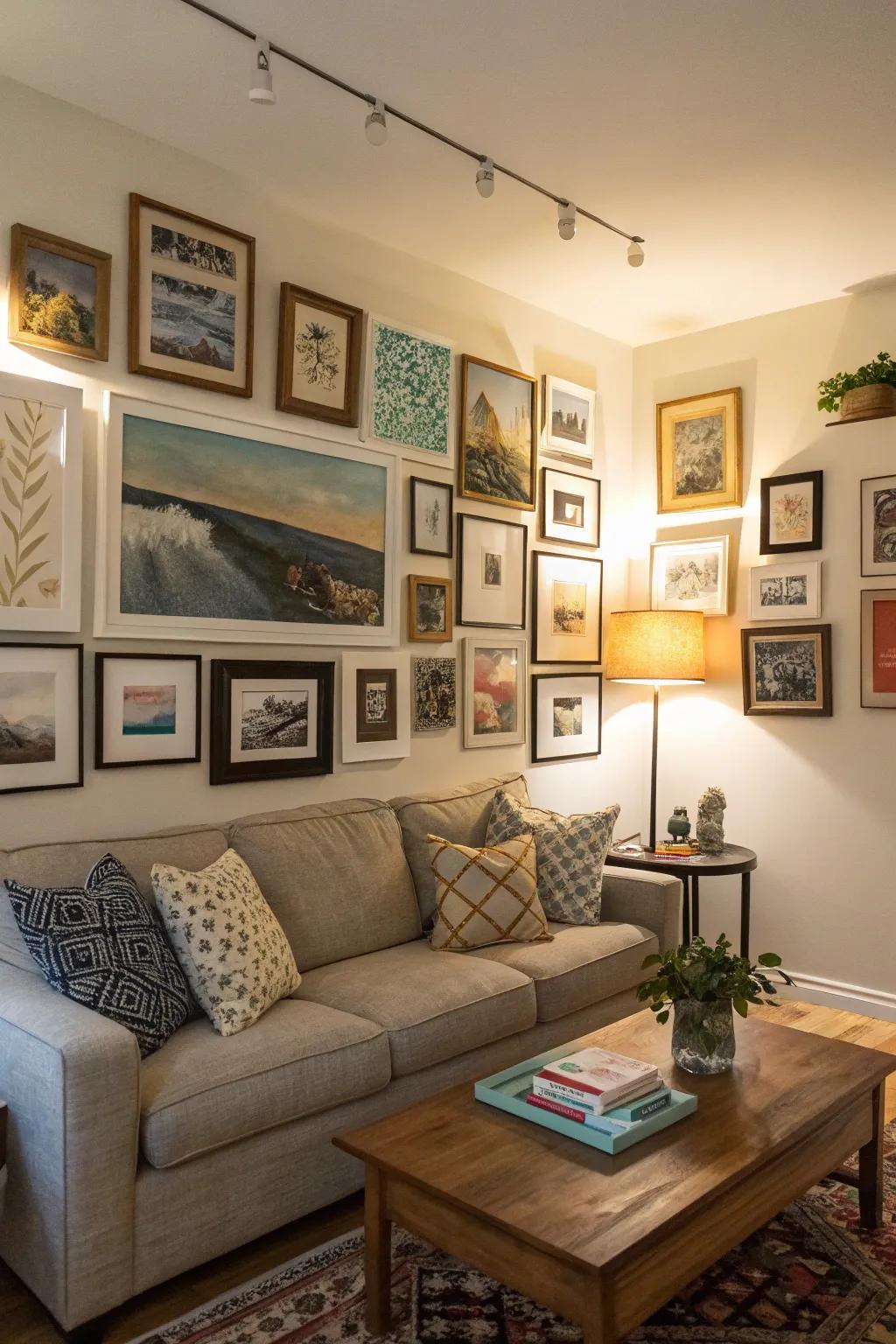 A miniature gallery wall metamorphoses a simple corner into a vibrant display of artistic expression.