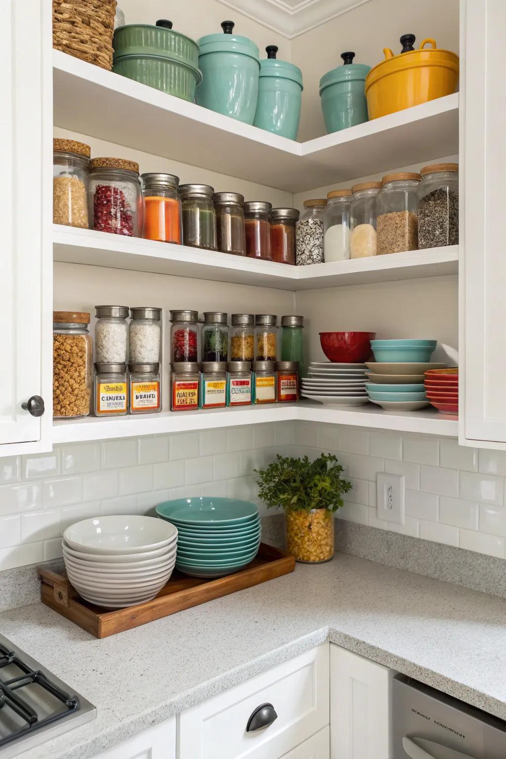 Effective storage on open ledges improves kitchen efficiency.