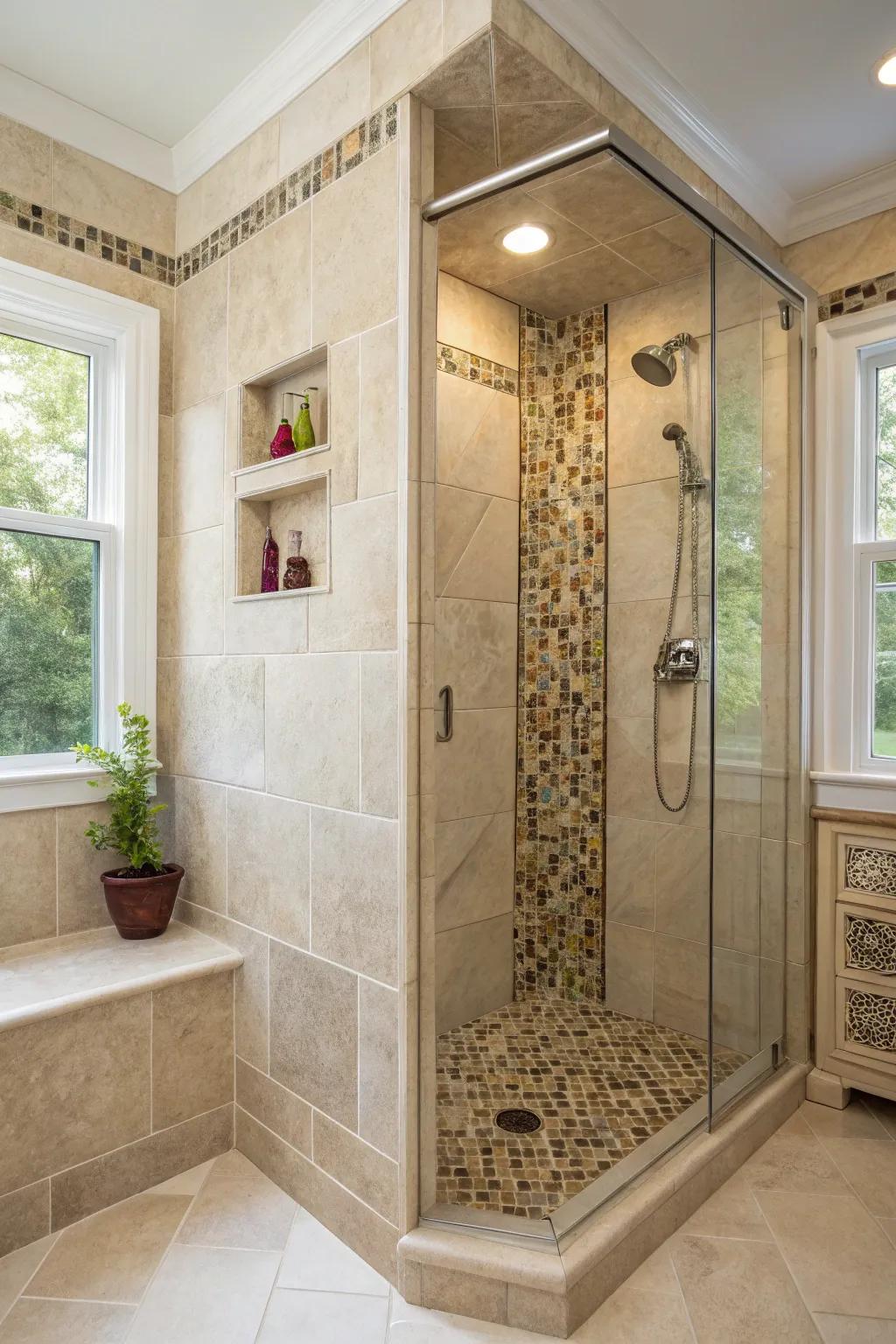 Detailed mosaics furnish an artistic nuance to your shower.