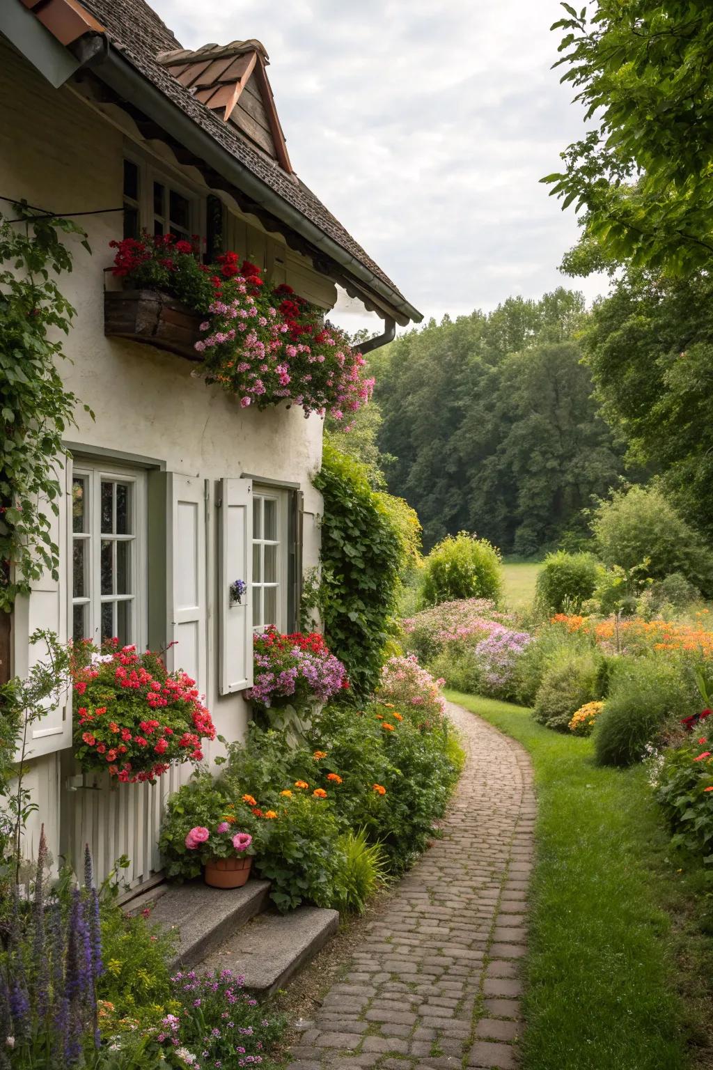 A charming cottage-style house embraced by a vibrant garden.