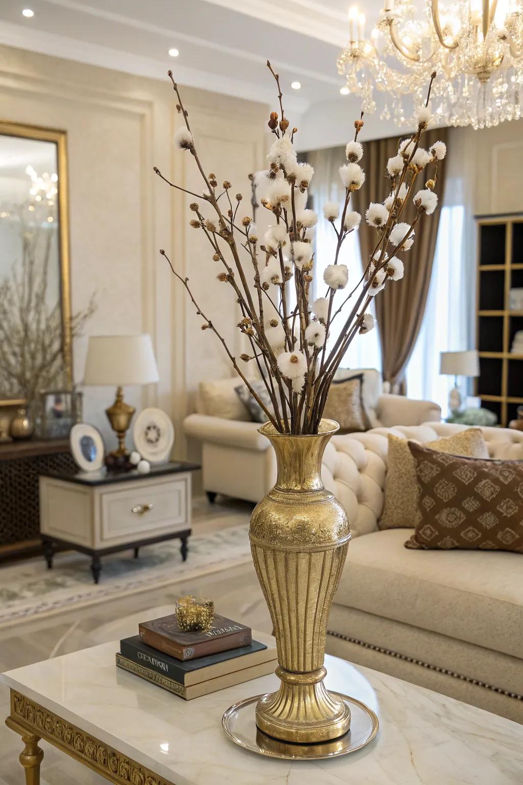 Refinement achieved through a gilded vase showcasing cotton stems.