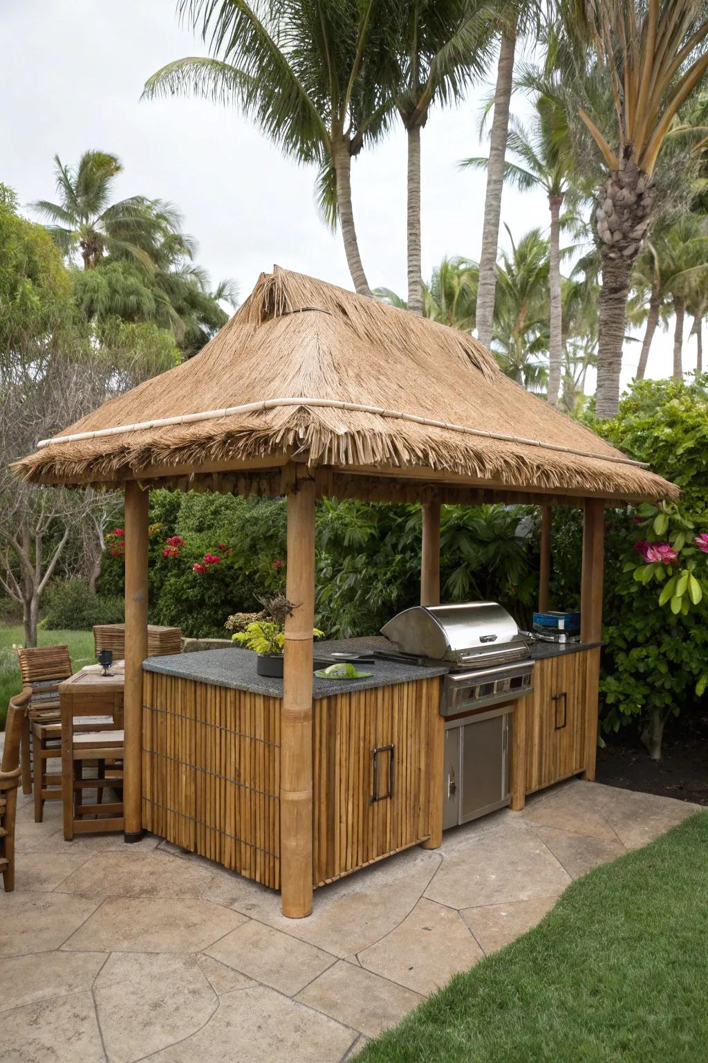 A tropical grass hut style covering transforming a cooking zone into a holiday destination.