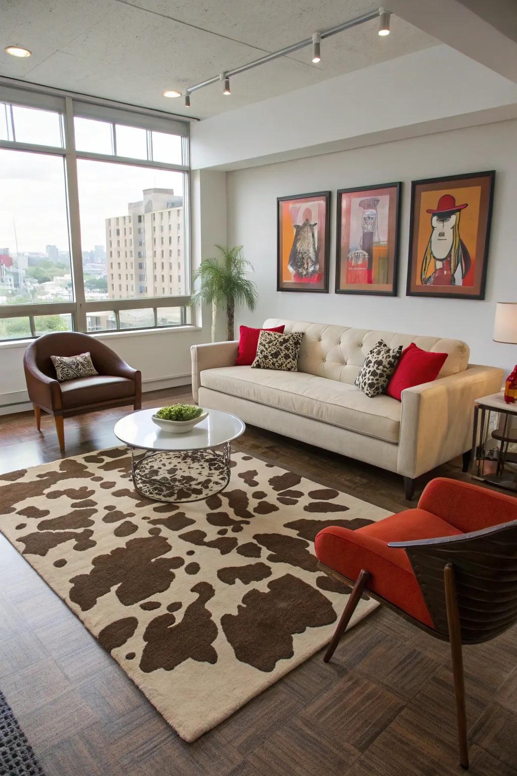A wild animal pattern rug adds texture and style to any room.