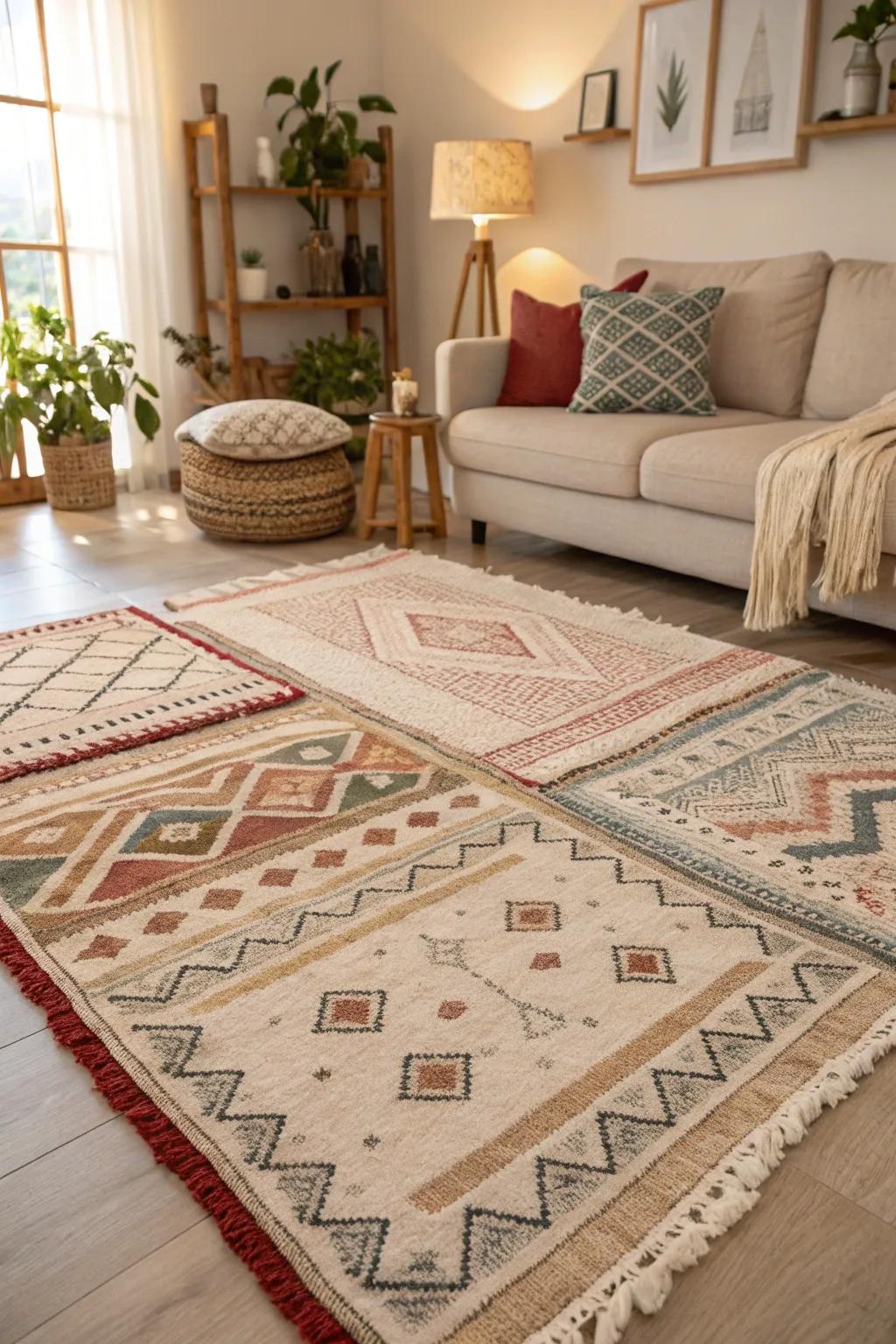Layered rugs enrich the texture and warmth of your flooring.
