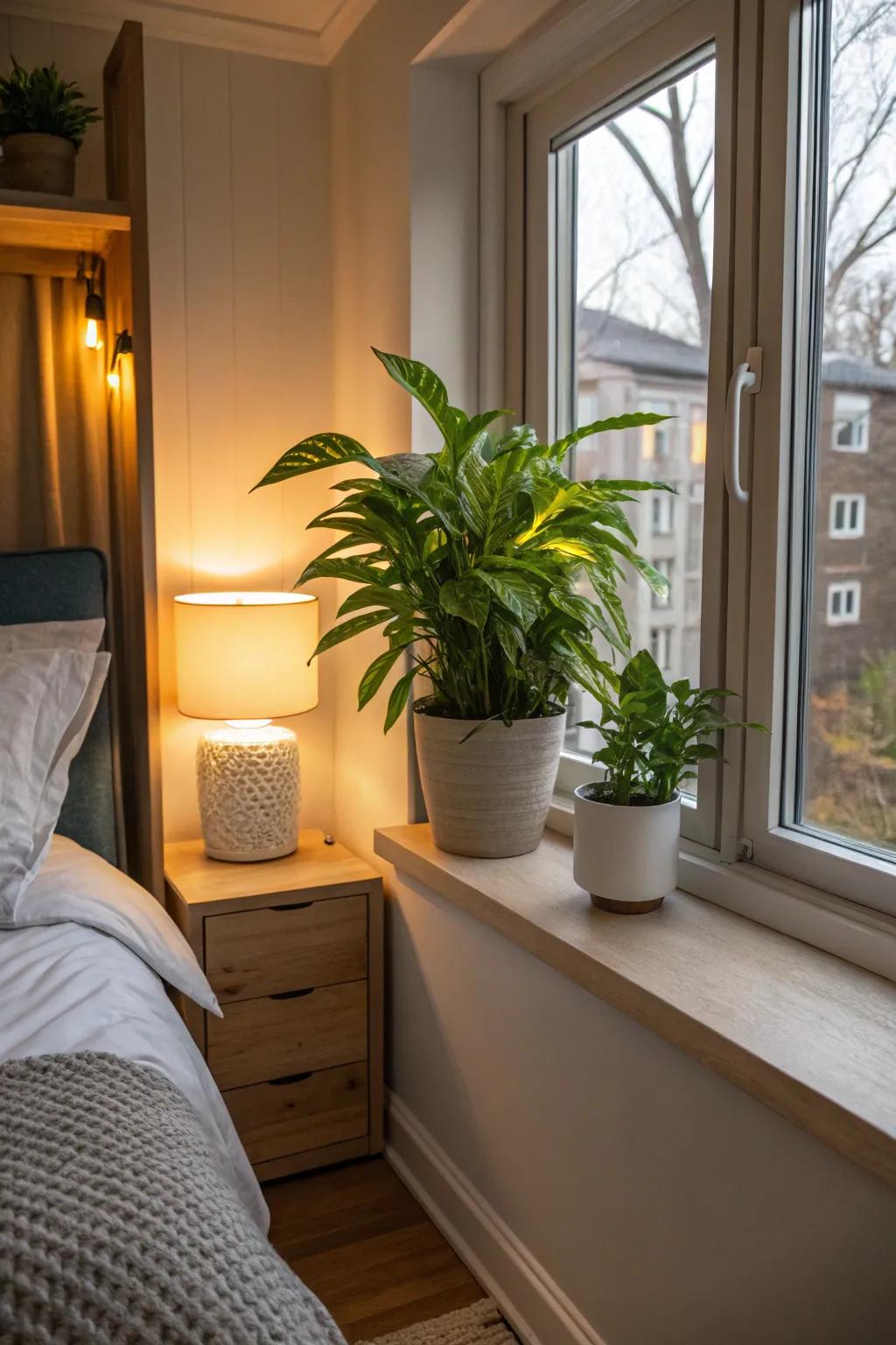 Indoor plants enrich small bedrooms with life and tranquility.