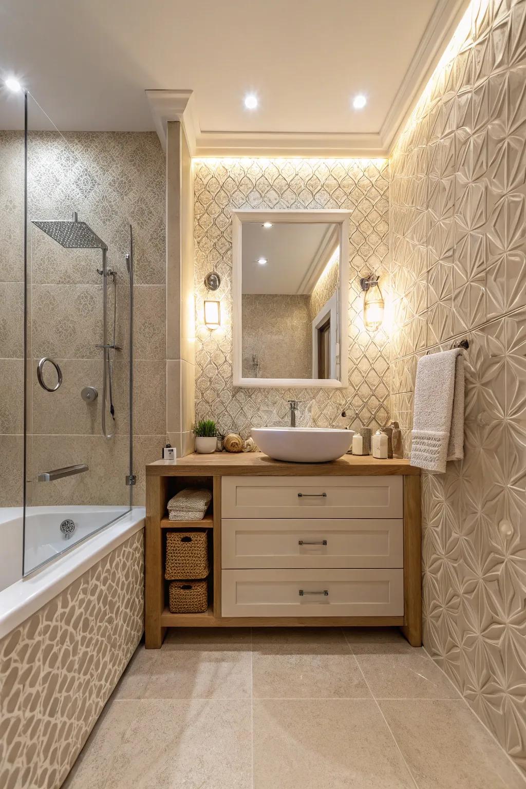 Defined tiles present an additional dimension within this cream bathroom.