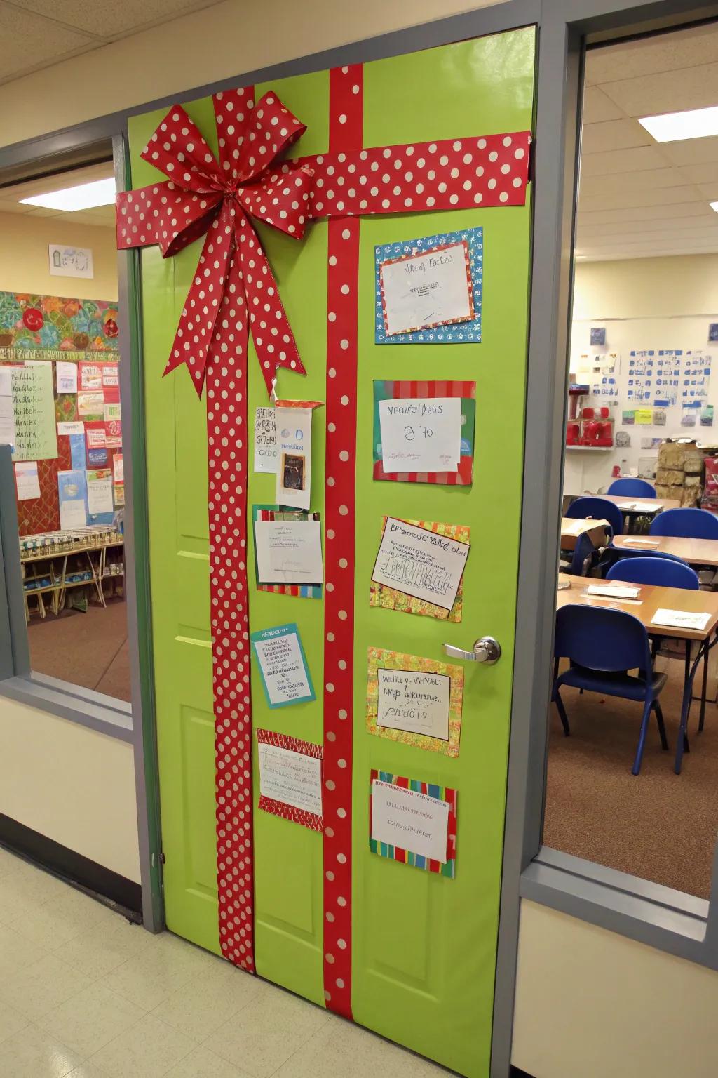A classroom door encased as a festive present box, personalized with student name labels.