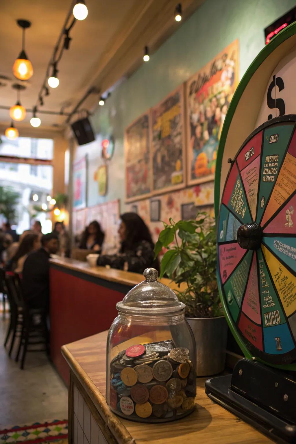 A tip container incorporating a revolving gyroscope challenge