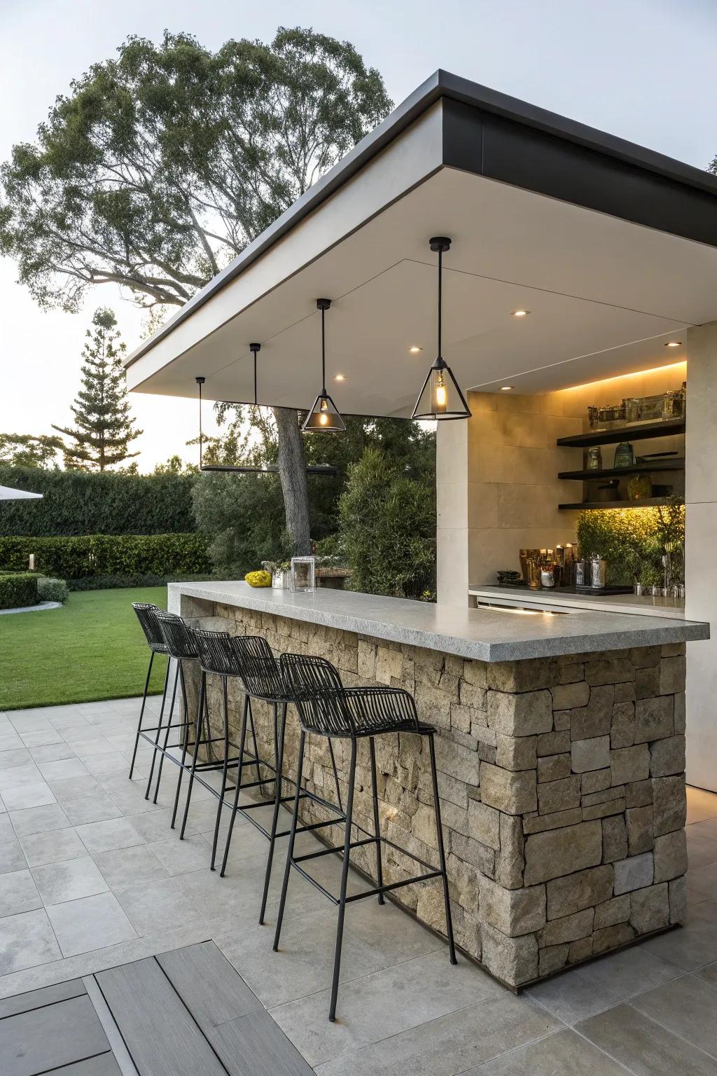 A modern outdoor bar featuring a harmonious mix of materials.