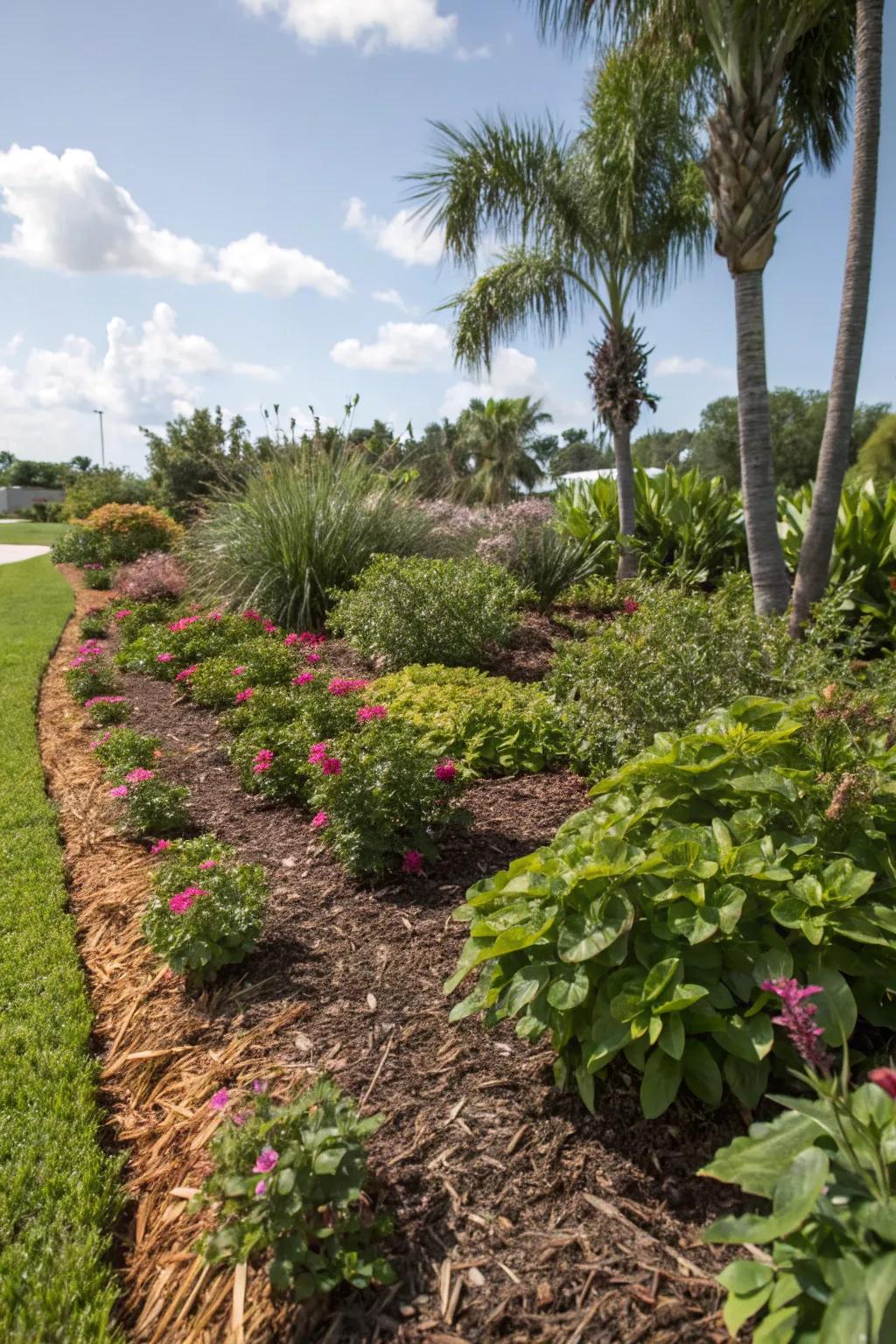 Mulch layers maintain garden tidiness and conserve essential moisture.