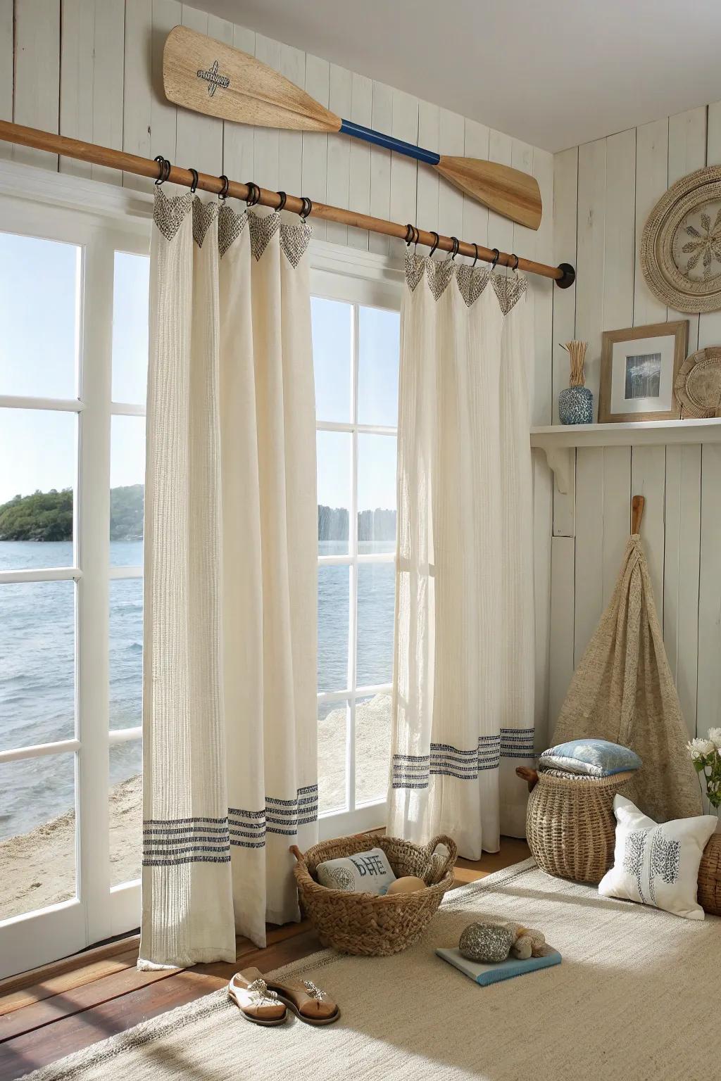 Paddling instruments utilized as curtain supports evoke a serene, seaside atmosphere.