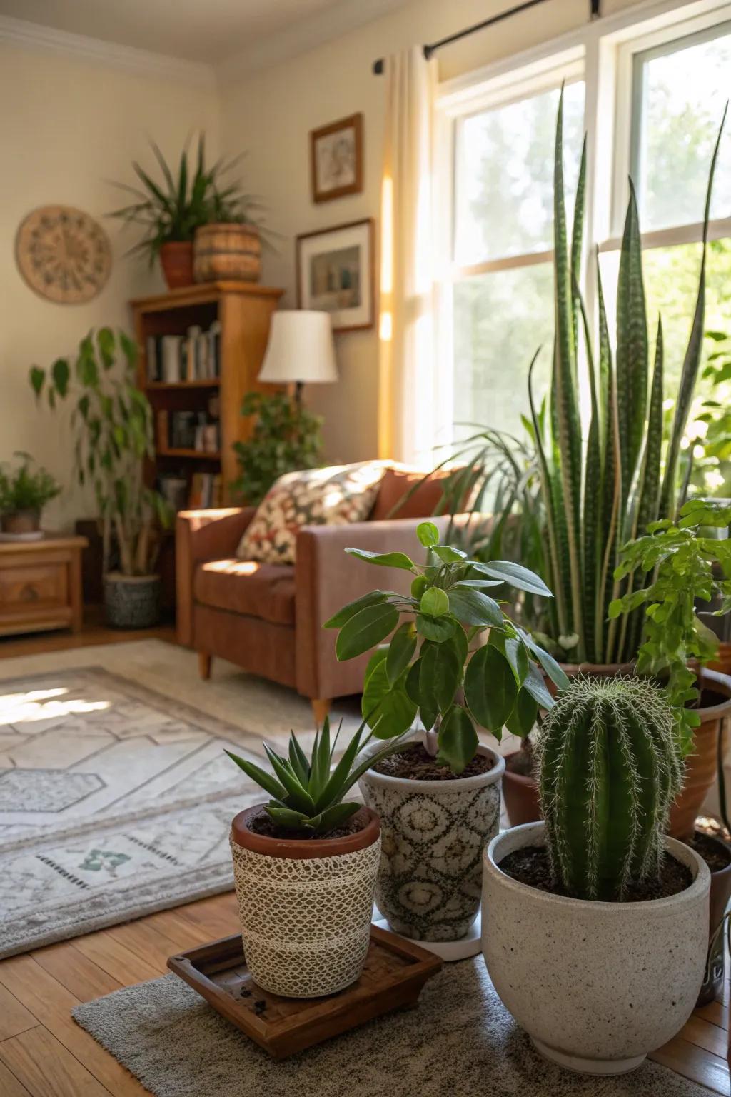 Greenery enhancing vibrancy within the living room.