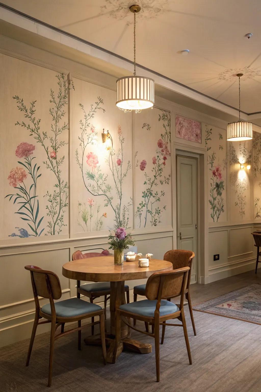 Gentle botanical art brings calmness to the dining room.