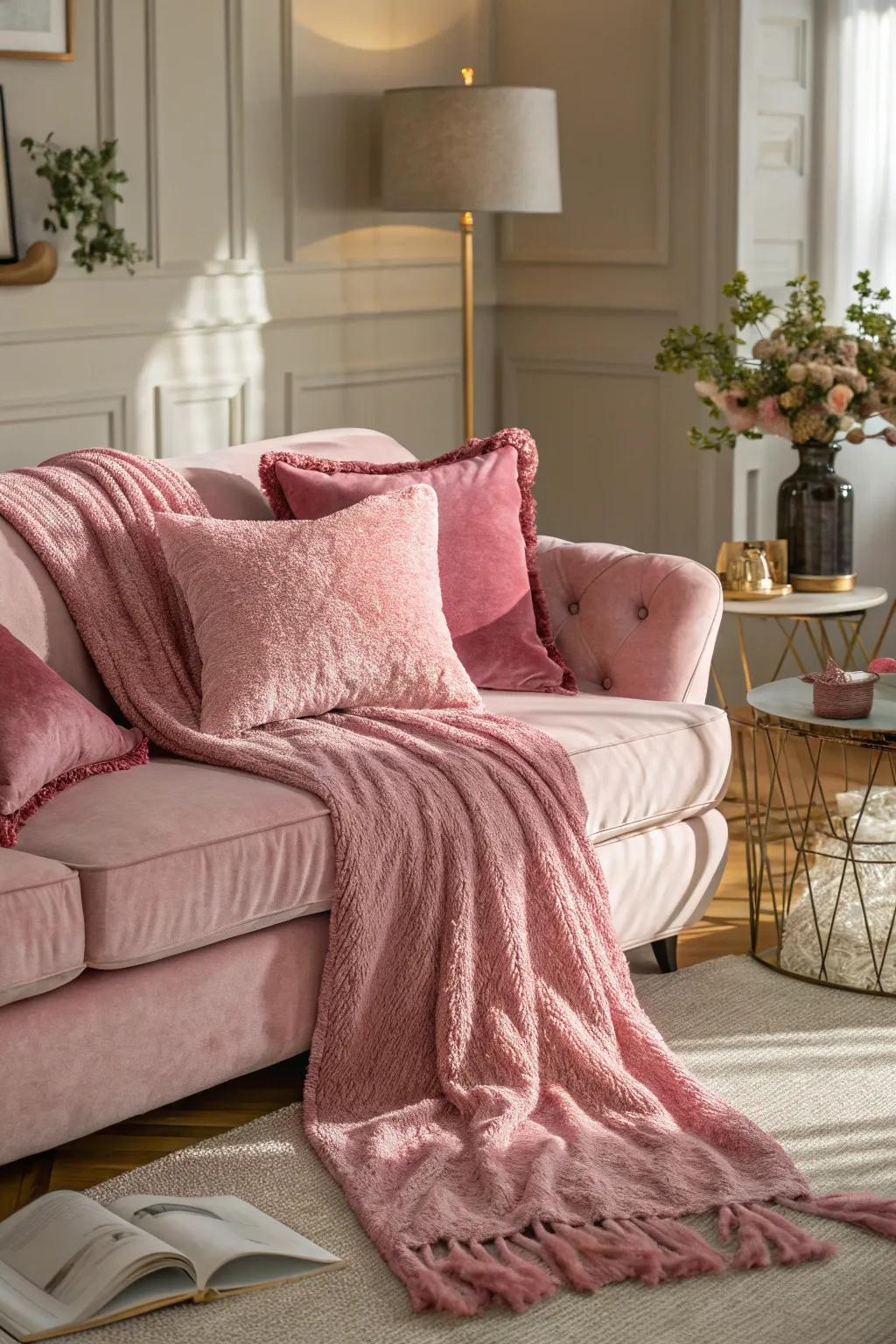 Elegant rose textiles impart warmth and refinement to the living room.