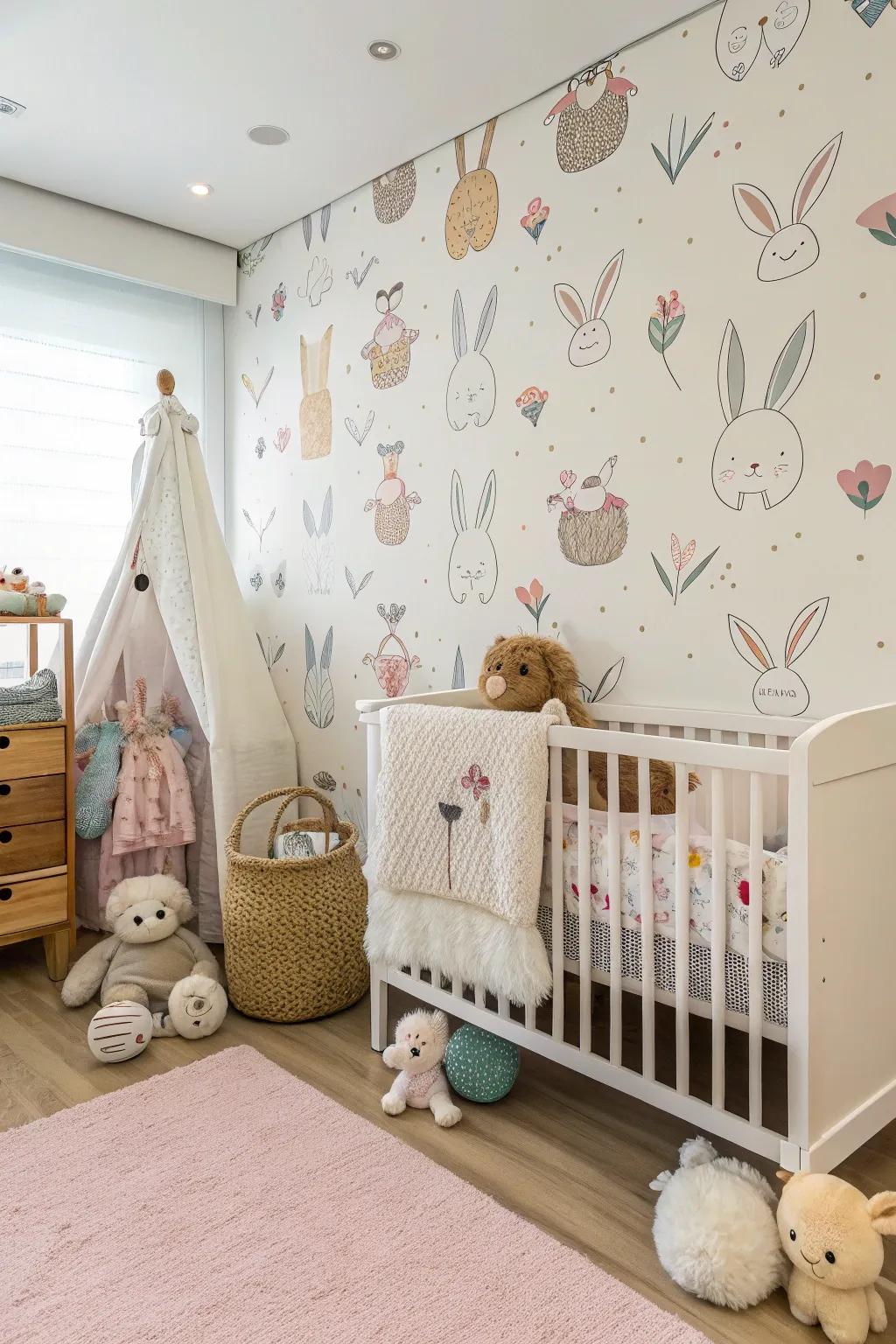 A nursery spotlighting cute bunny wall covering, crafting a lively and snug space.