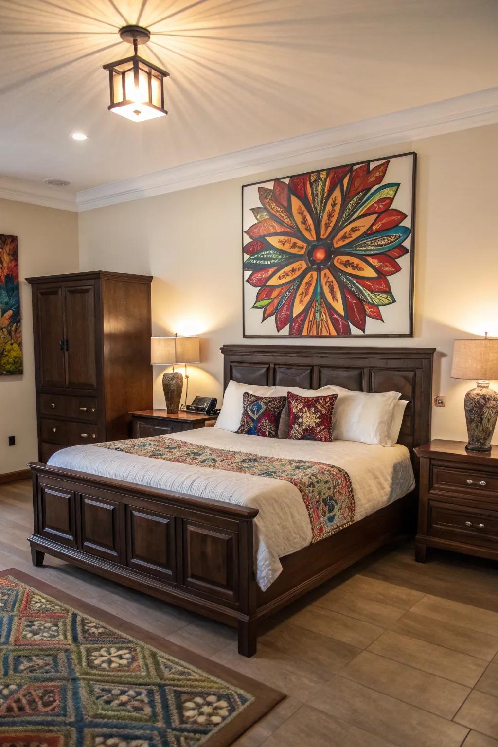 Artworks deliver a striking visual apex against deep brown furniture.