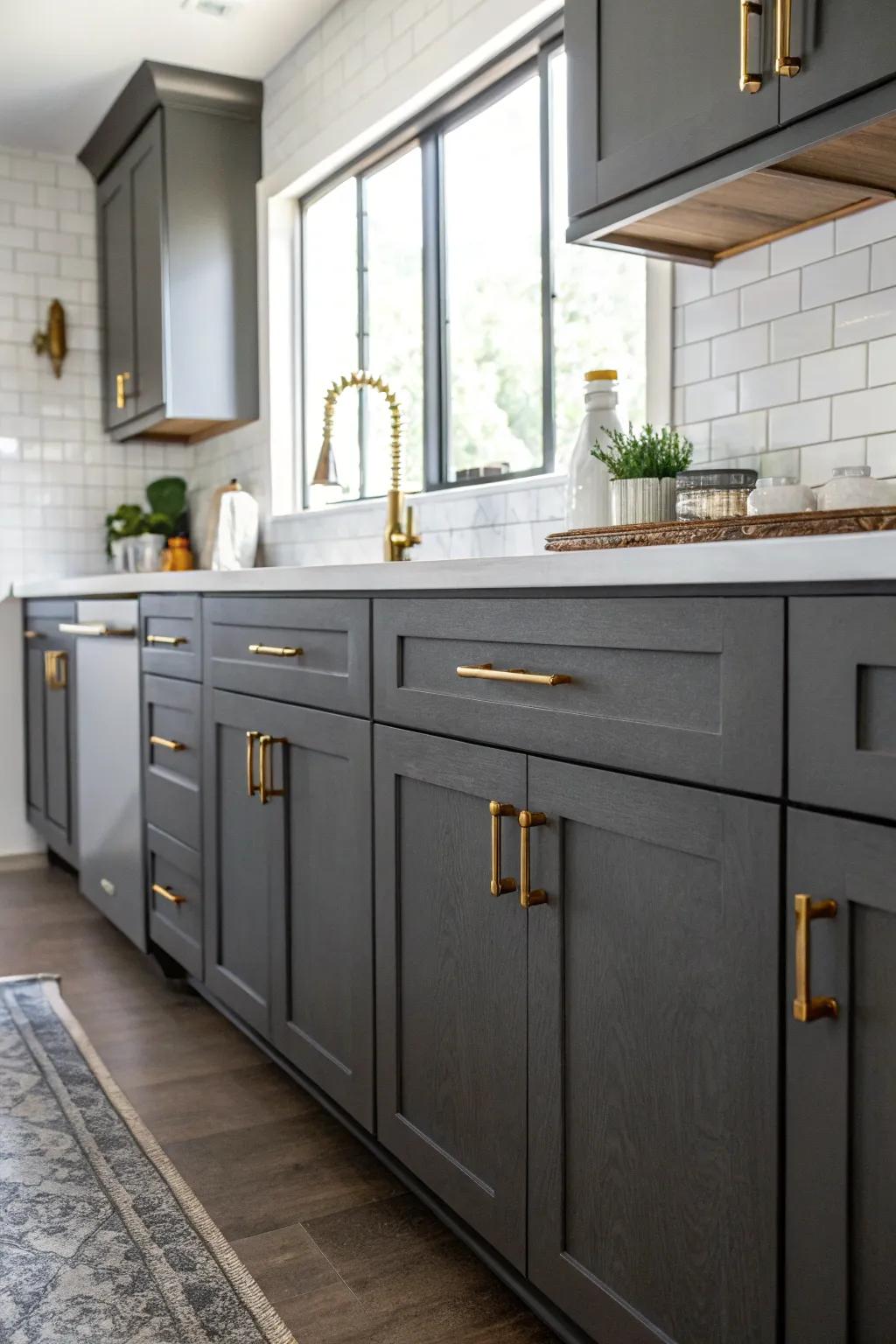 Charcoal-toned cabinets enhanced by opulent gold hardware.