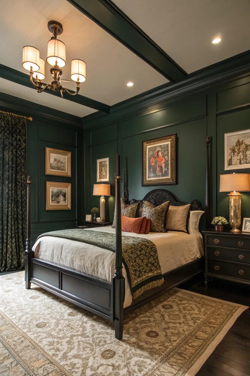 Deep green walls with ebony trim fashion a compelling architectural result.