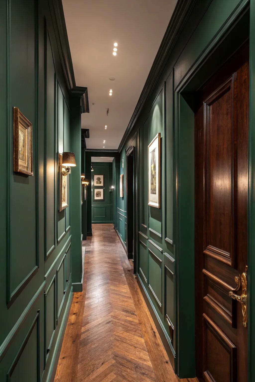 Wooden floors enhance the inviting feel of this dark green hallway.