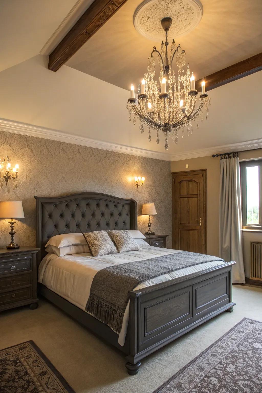 A bedroom with a dark grey bed frame, highlighted by elegant lighting.