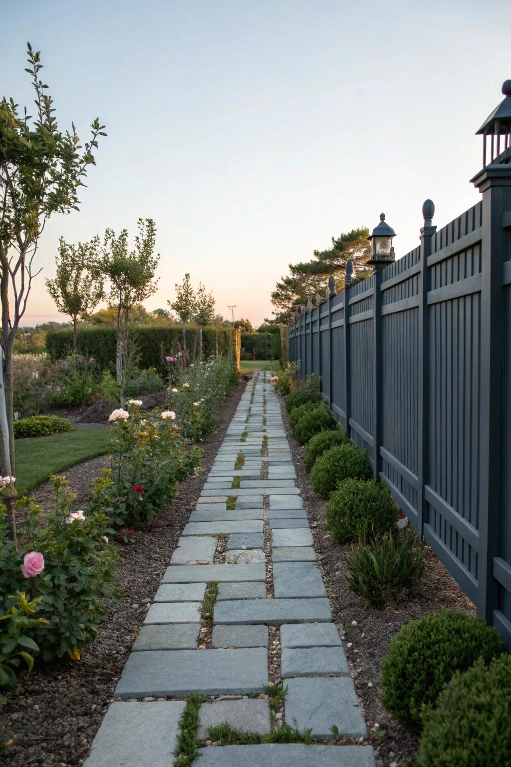 An elegant garden path framed by a charcoal-toned fence and small shrubs.