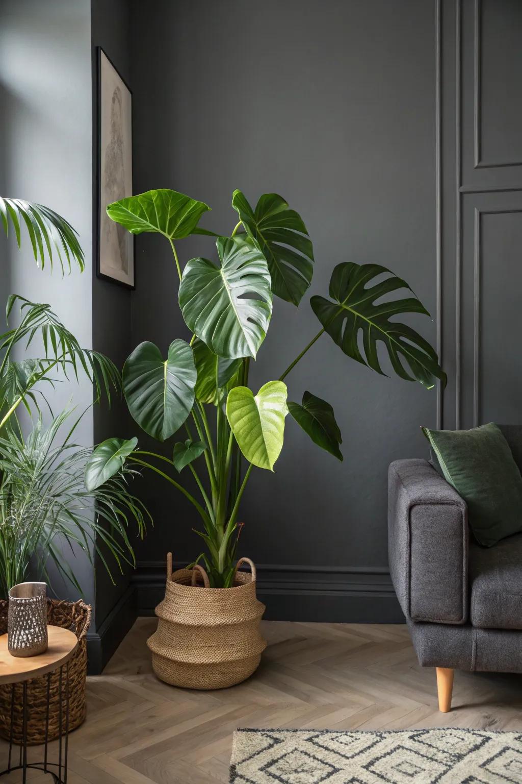 Plants breathing life into a dark grey interior.