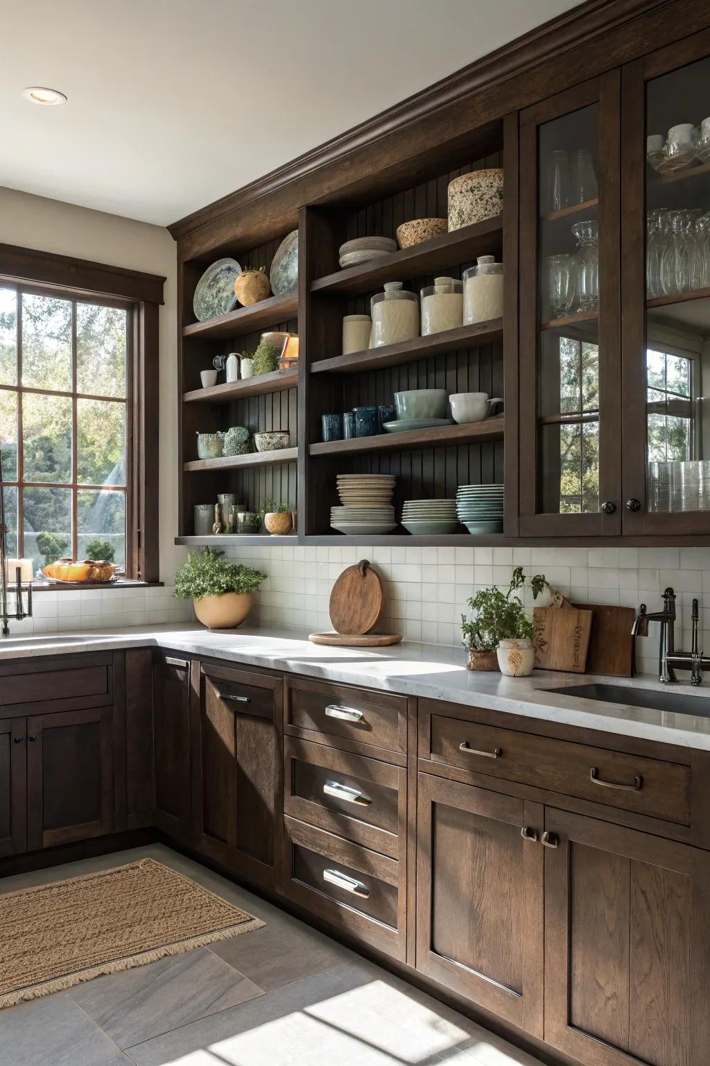 Open shelving complements dark cabinets, adding utility and style.