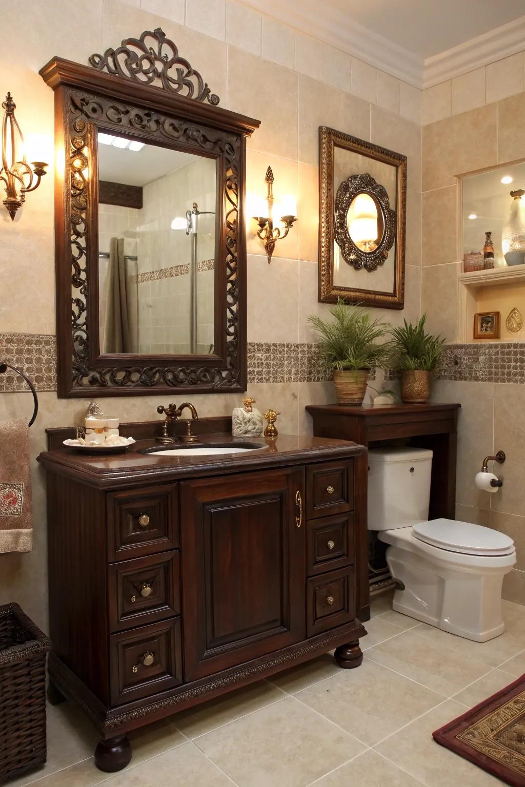 Ornamental details bring individuality to this bathroom featuring deep wood elements.