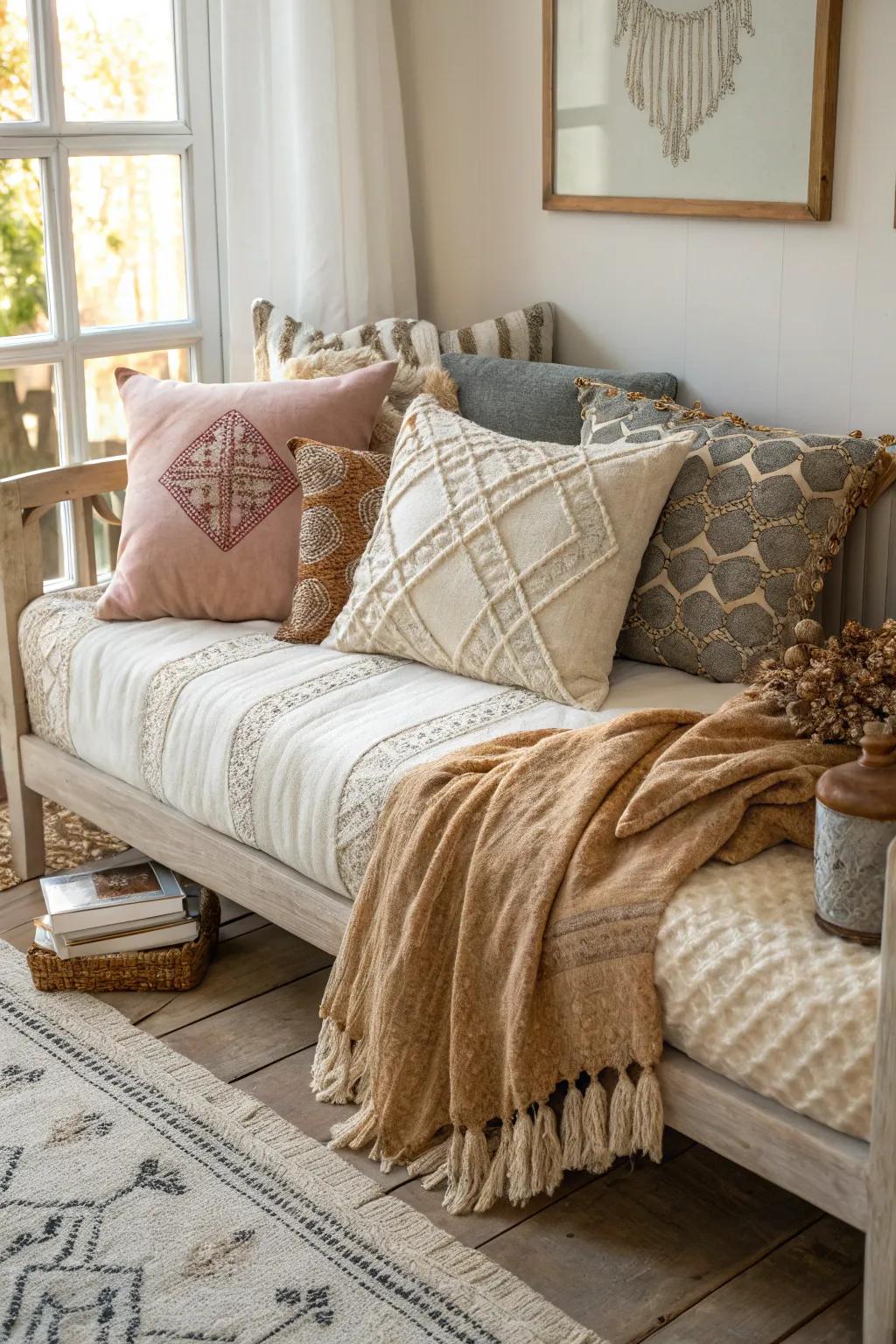 A harmonious blend of textures adding depth and allure to a daybed.