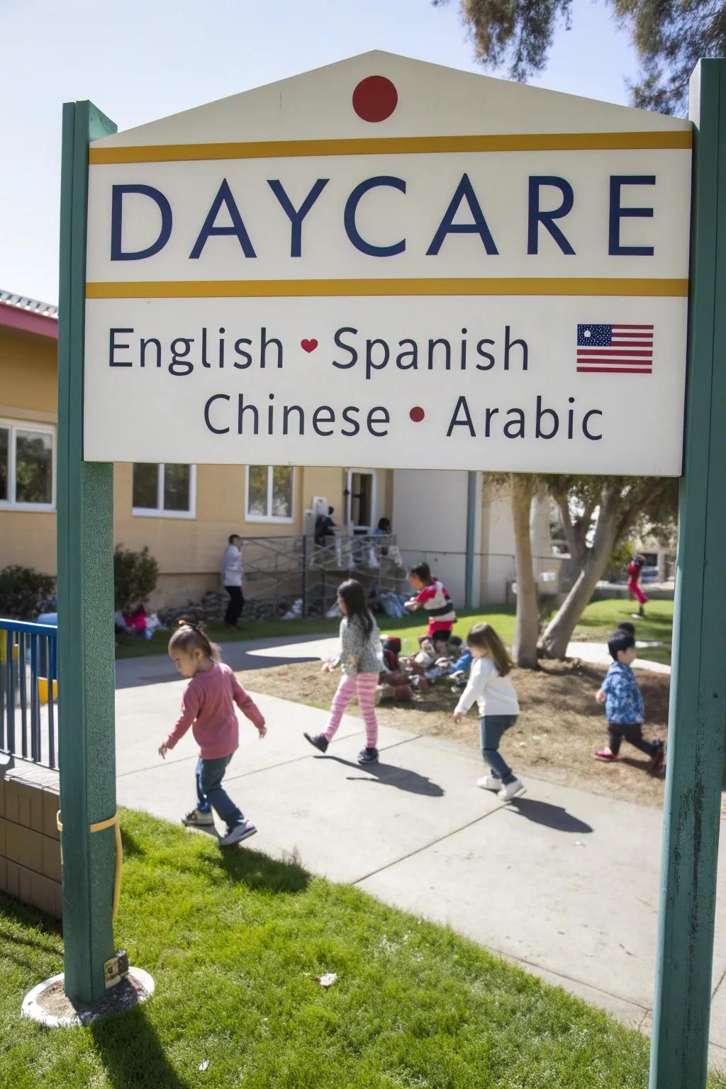 Multilingual heraldry cordially receives households from diverse heritages at the daycare.