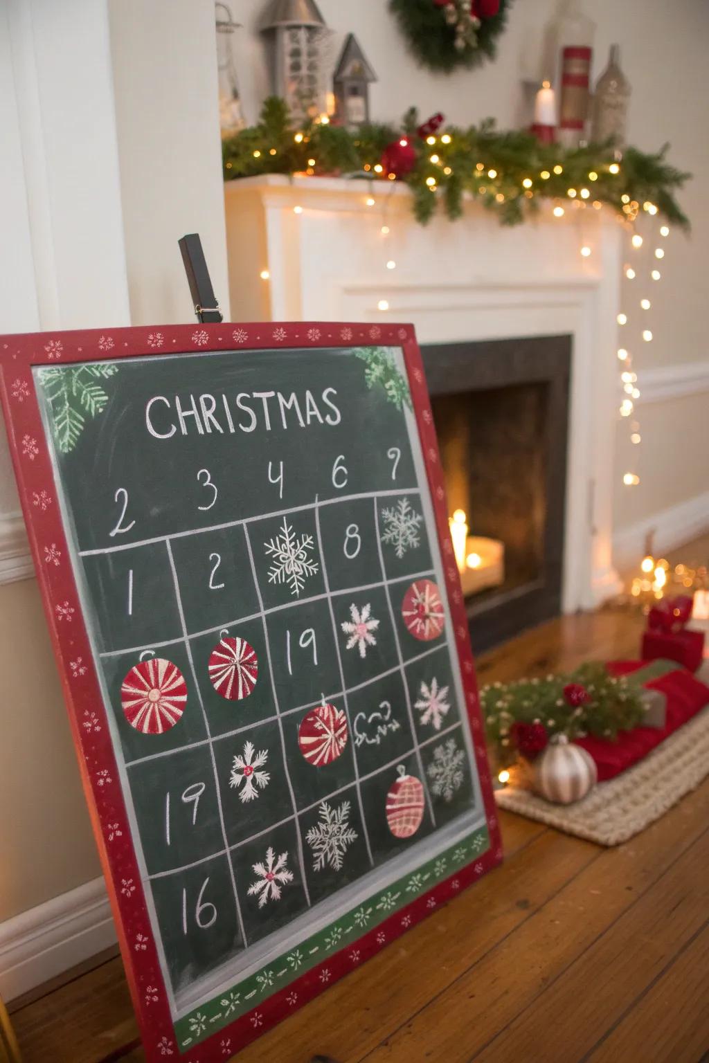 A classic Christmas-themed chalkboard calendar featuring red and green tones.