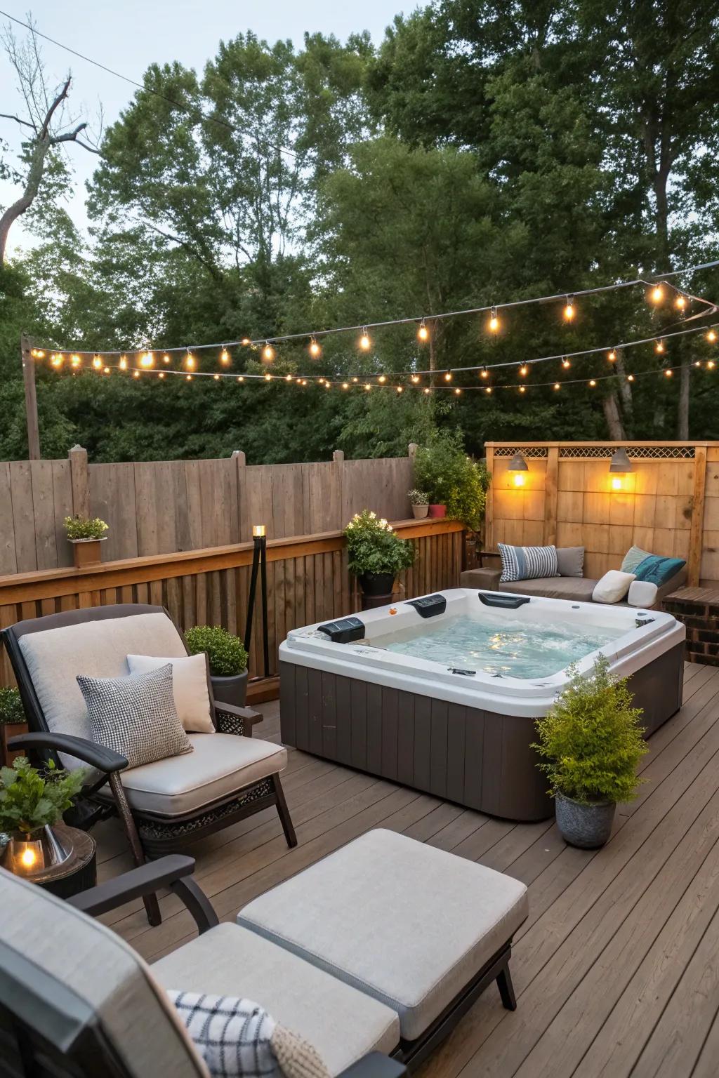 Comfortable seating adds to the comforting vibes of a hot tub deck.