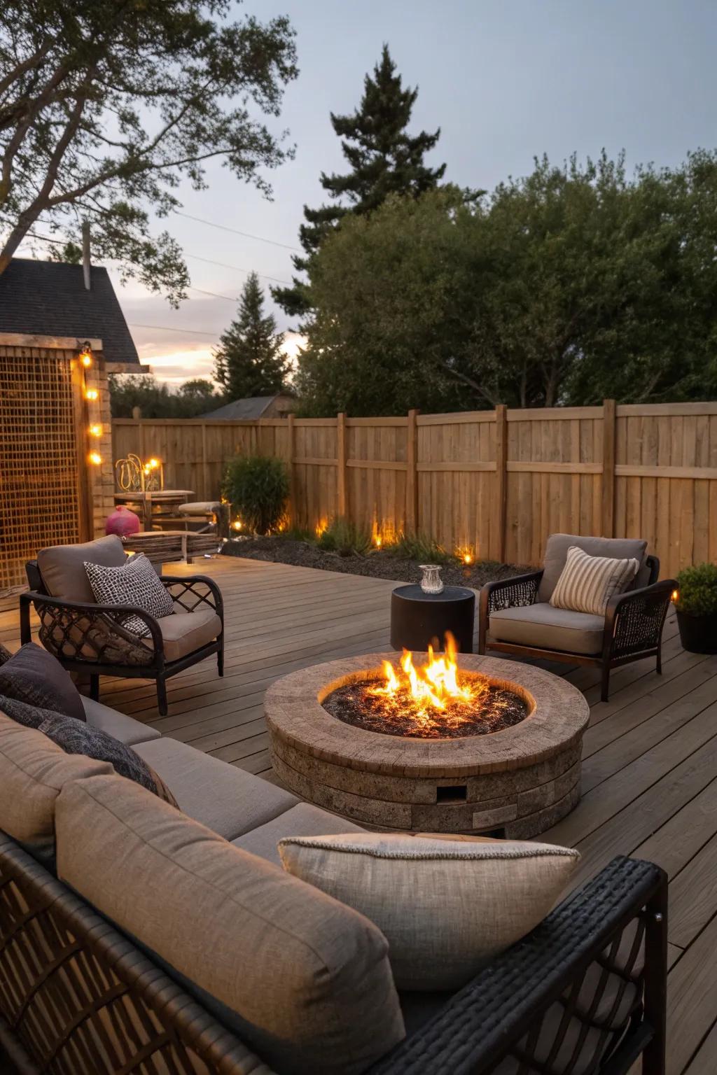 A fire pit encourages warmth and connection.