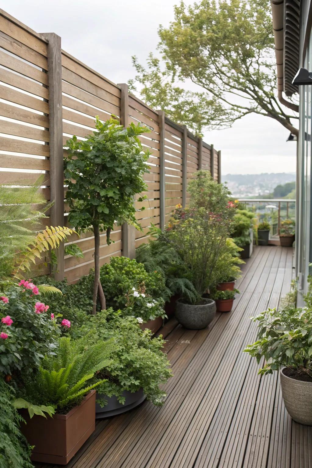 Potted flora amplifying seclusion and introducing a natural accent.