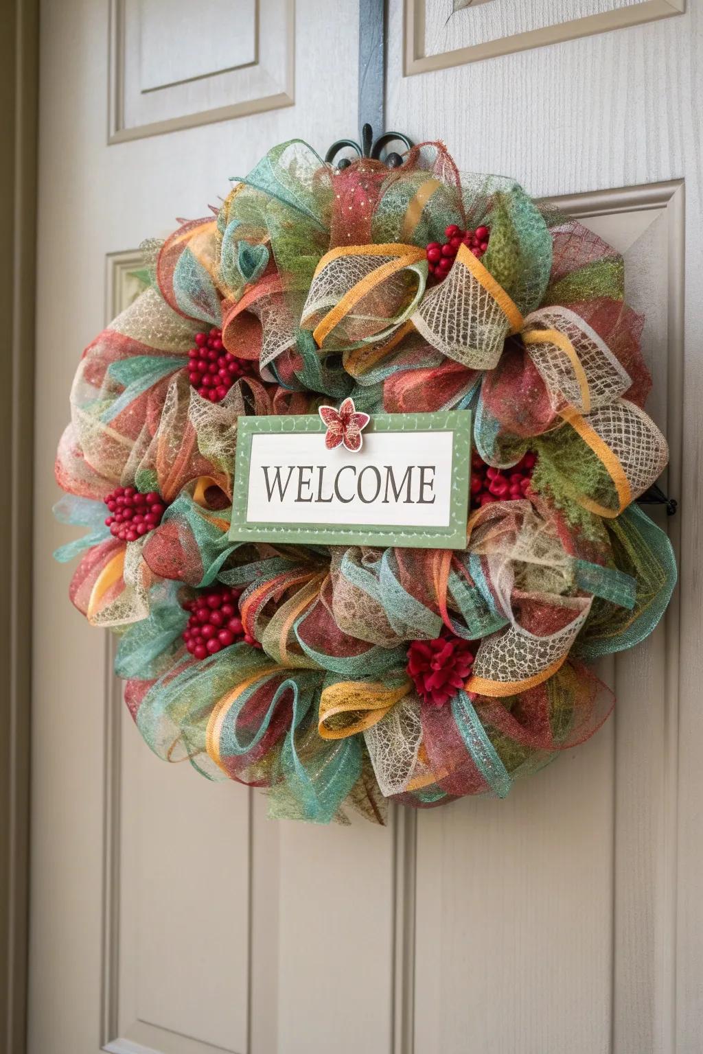 An inviting sign infuses this fall wreath with a personal touch.