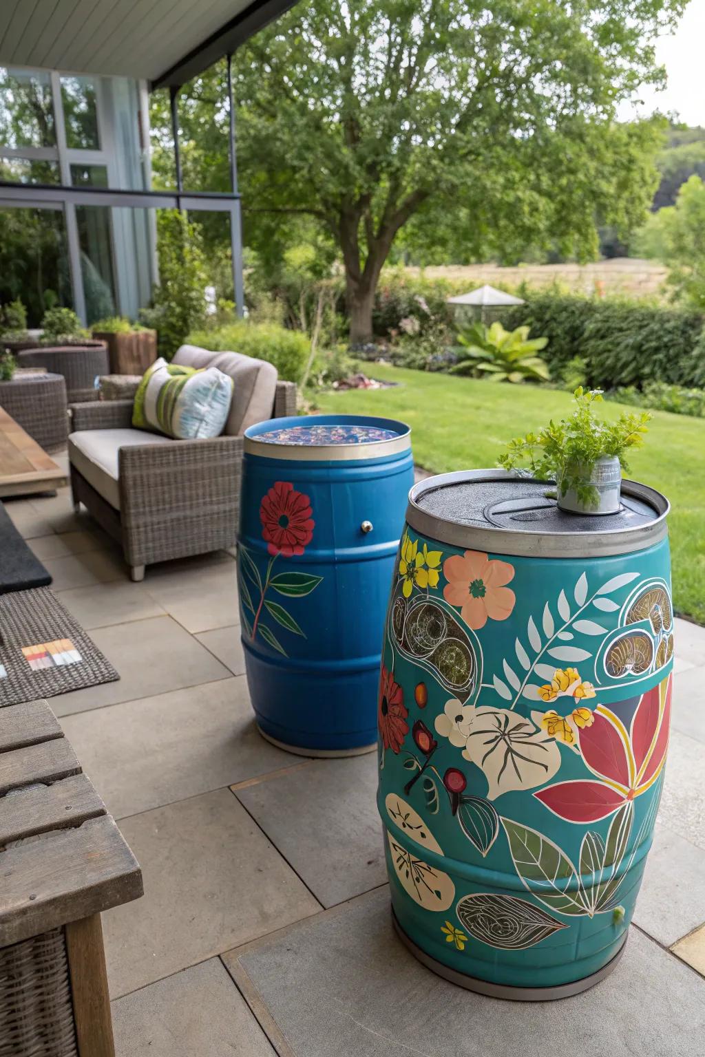 Useful art barrels on a patio
