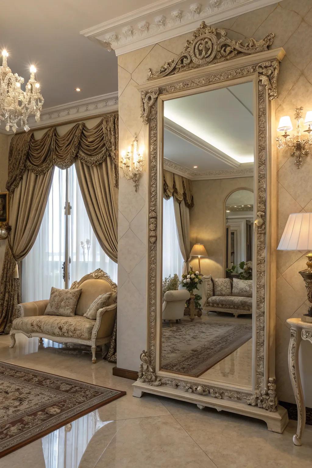 Historic mirrors amplify light and expand spaces.
