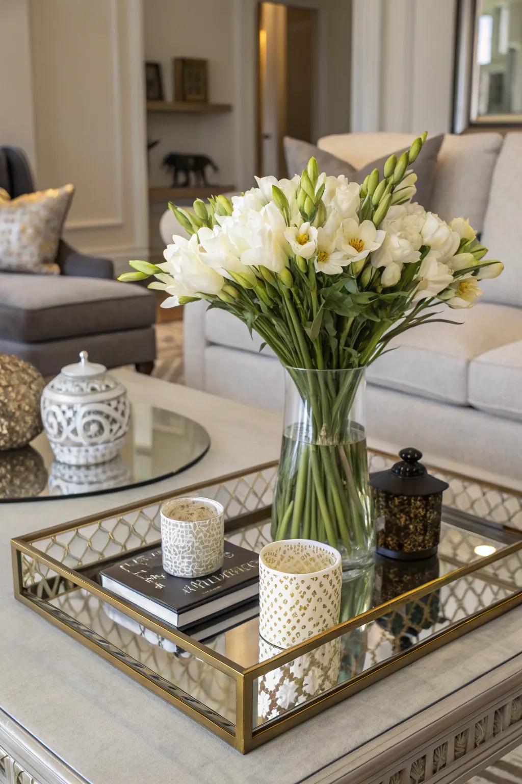 A jug imparting altitude and pigmentation to a coffee table surface.