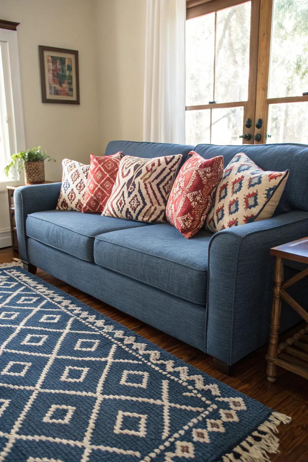 Designs infuse visual fascination into a cerulean living space arrangement.