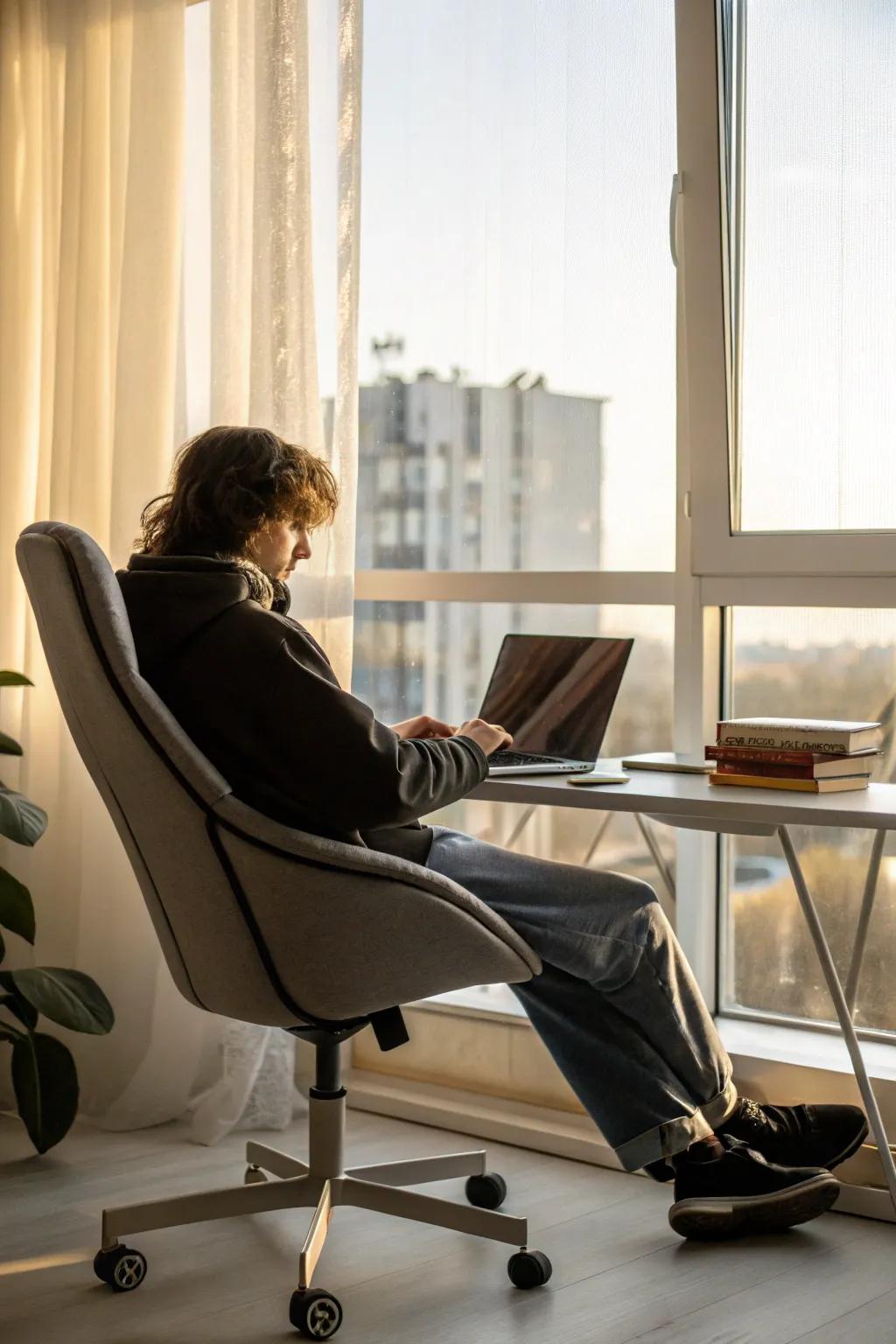 An ergonomic chair provides comfort for long periods of work.